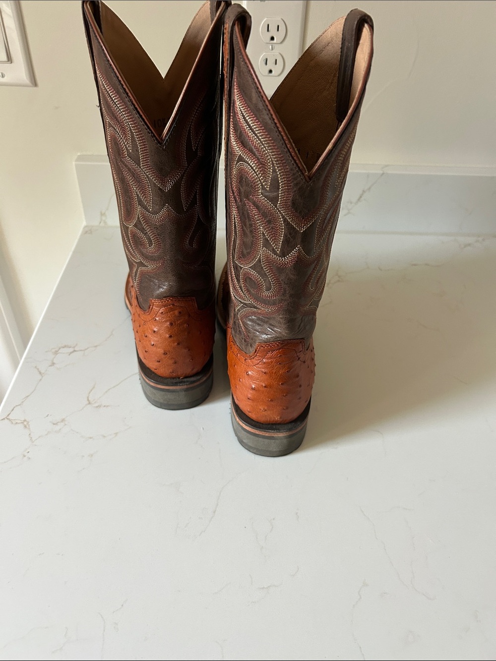 Lucchese Two-Tone Brown Ostrich & Dark Brown Western Boots - Picture 2 of 5